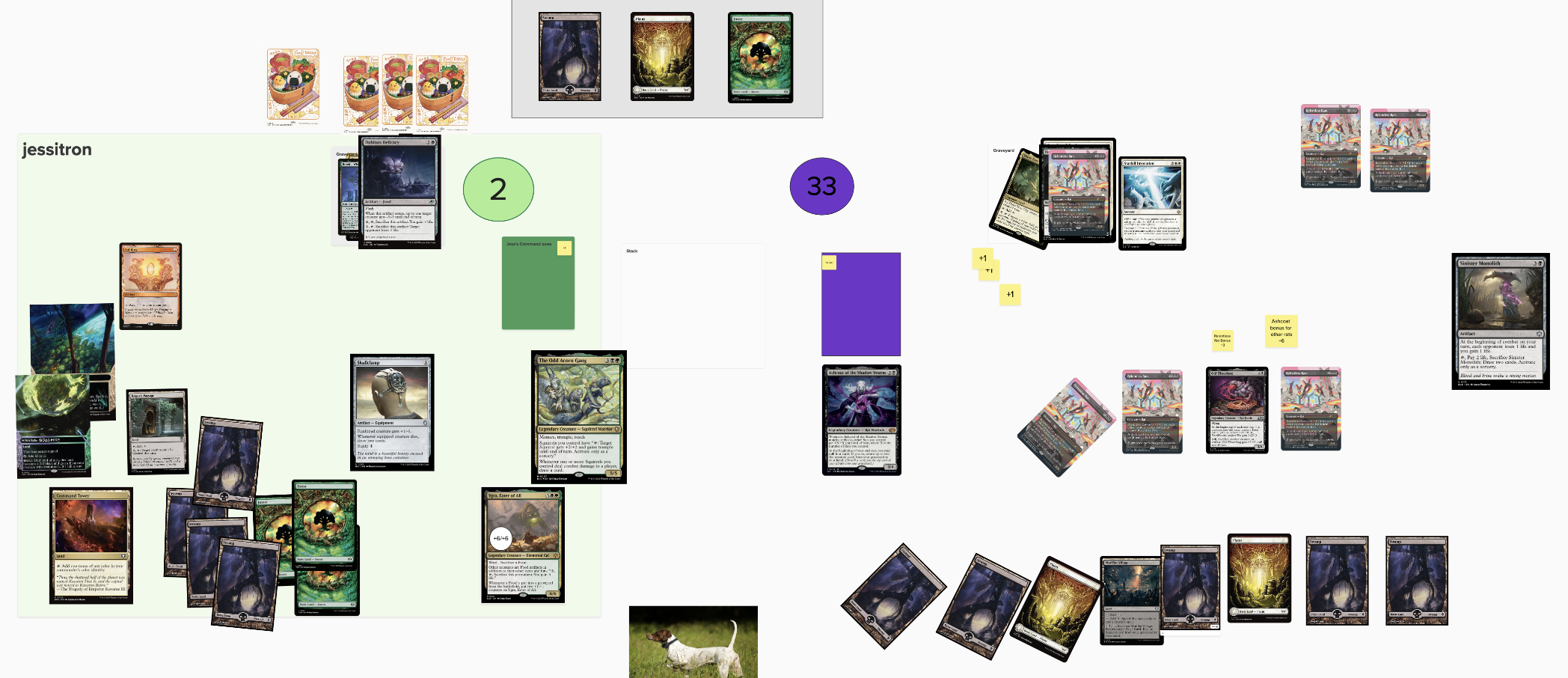 a bunch of Magic cards scattered across a white board